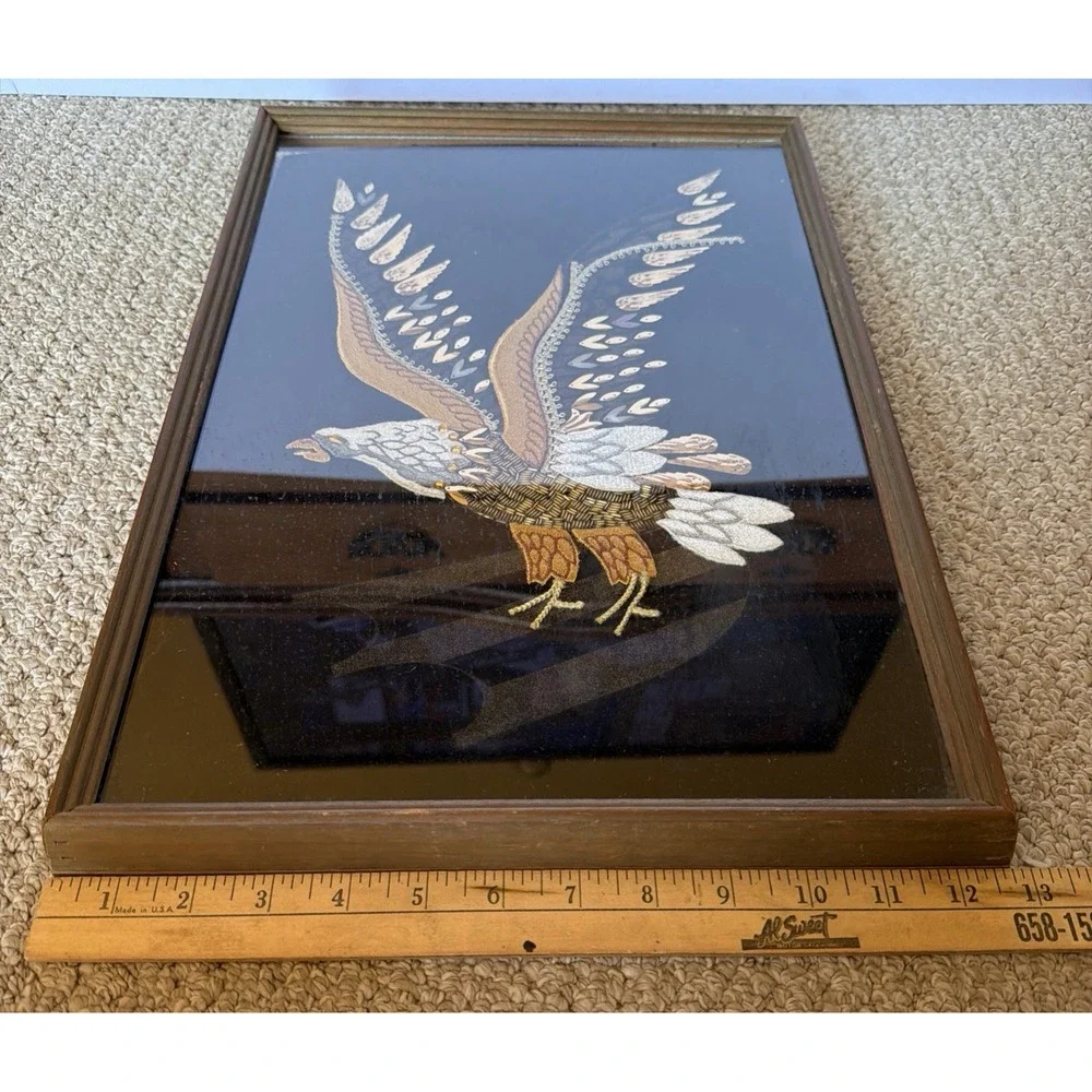 Velvet Bald Eagle Silk Screen Beaded Sequin Embroidered Applique Framed Wall Art